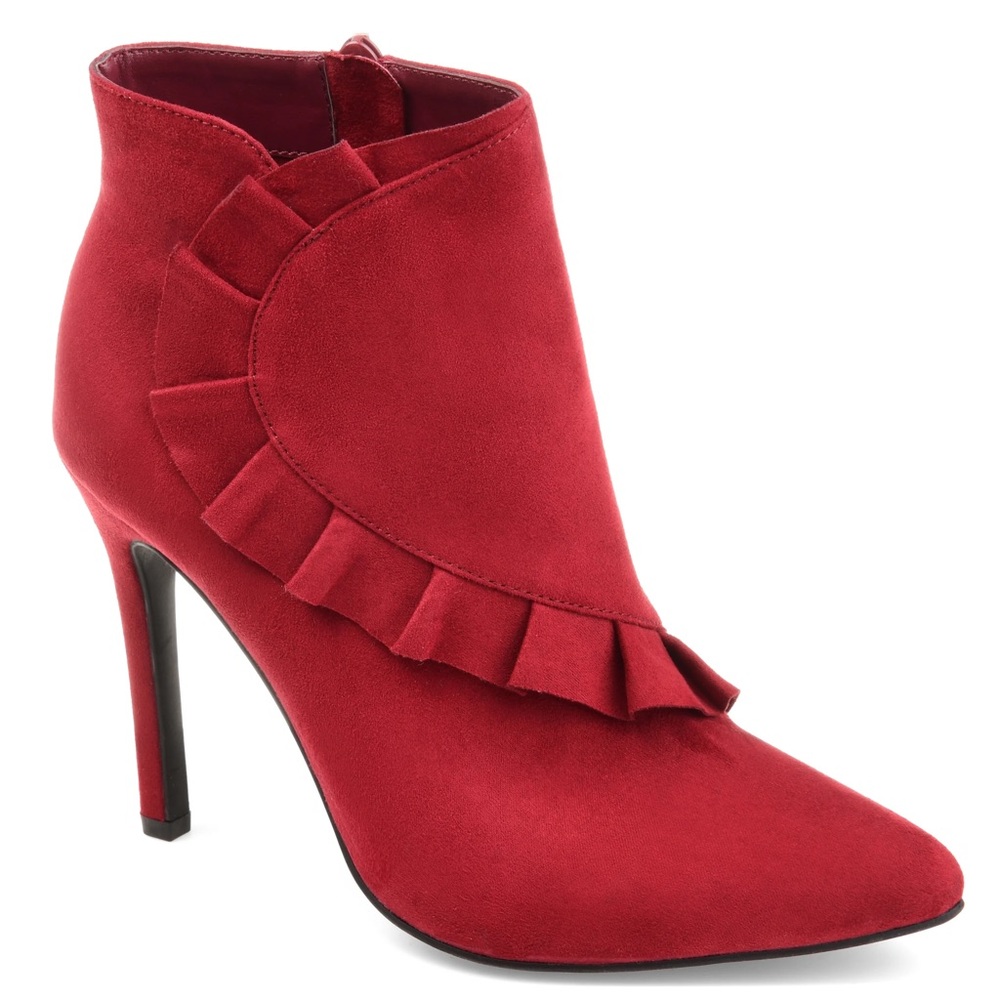 🍒 size 8. Cherry red suede ruffled stiletto ankle boots. 🍒